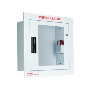side view pf fully recessed AED cabinet