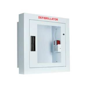side view of AED cabinet with strobe light