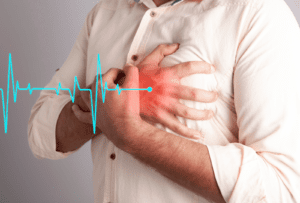 Man clutching chest in pain with interrupted ekg line 